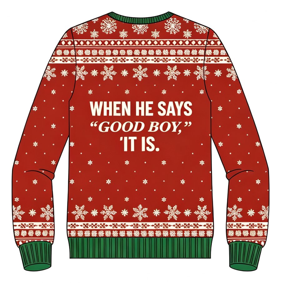 Merry Snowmas Pup knit sweater, back view