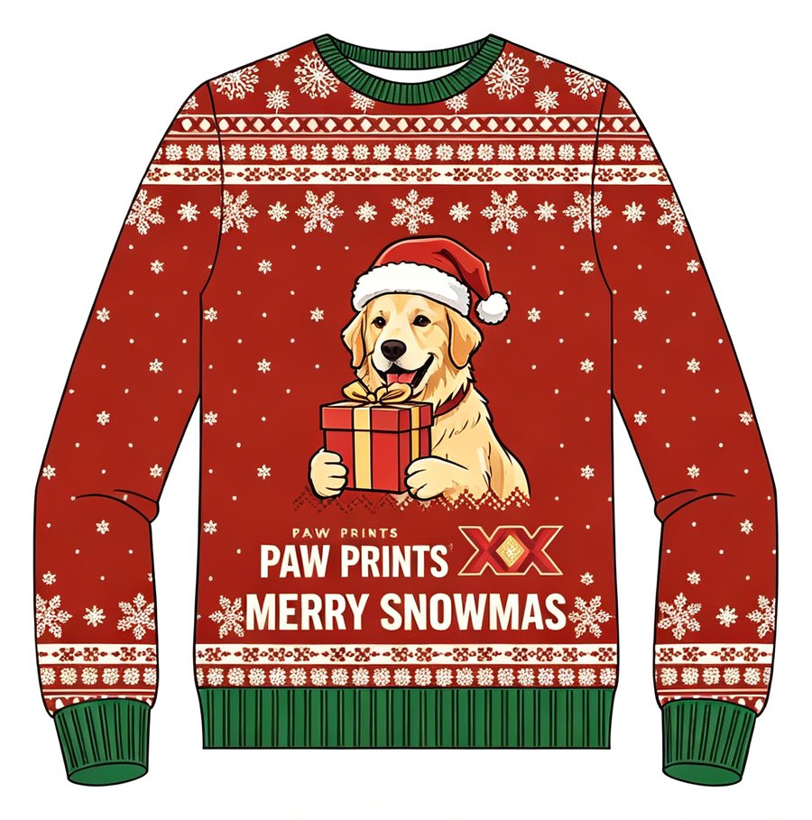Merry Snowmas Pup knit sweater, front view