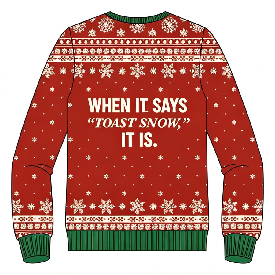 Toasty Xmas Toaster knit sweater, back view
