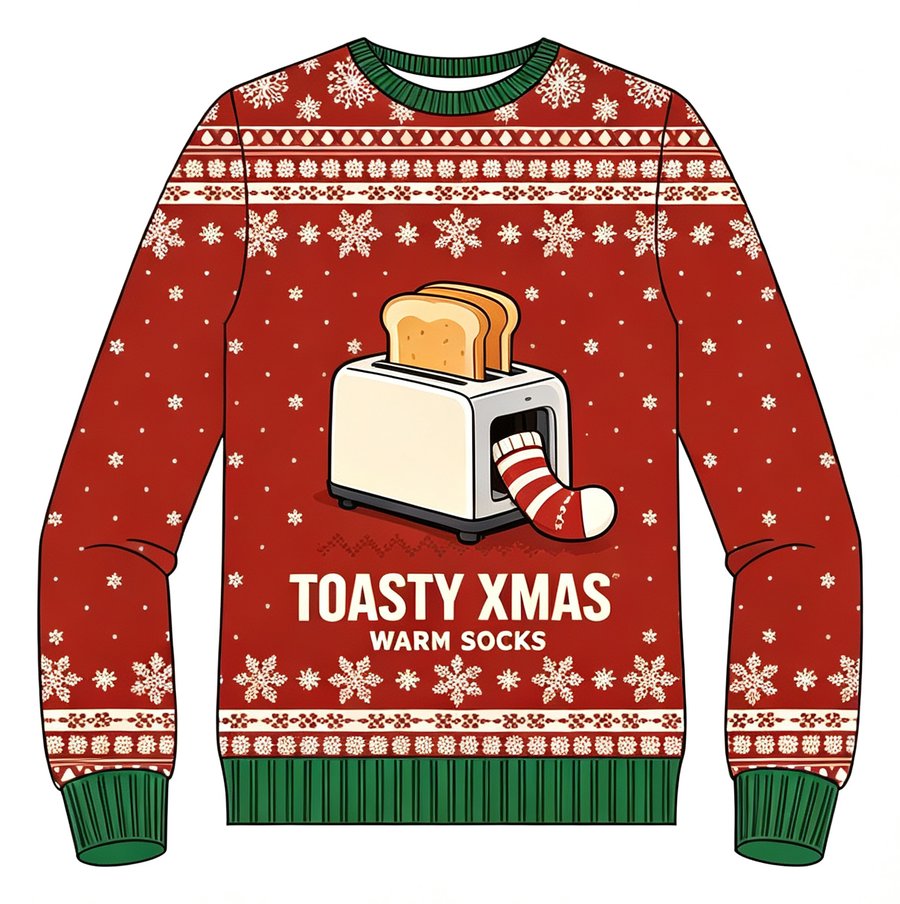 Toasty Xmas Toaster knit sweater, front view