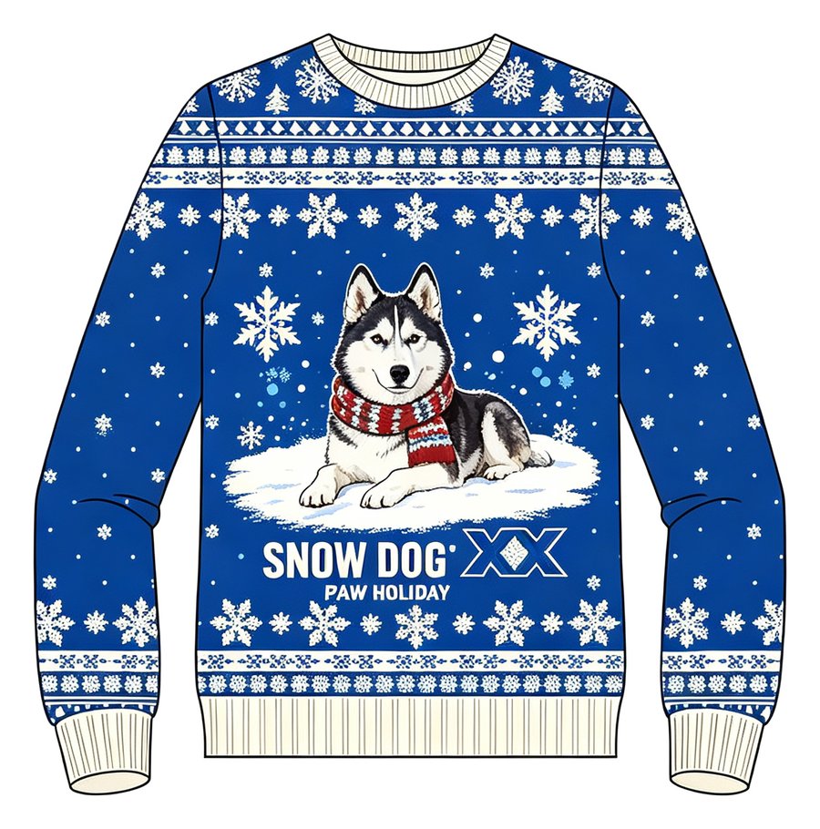 Snow Dog Husky knit sweater, front view