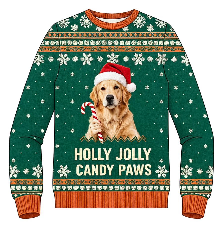 Holly Jolly Candy Paws knit sweater, front view