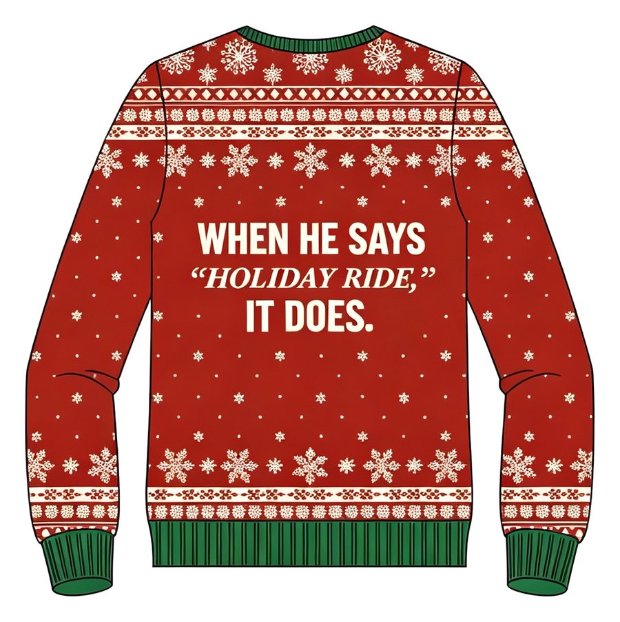 Snow Cruiser Santa knit sweater, back view