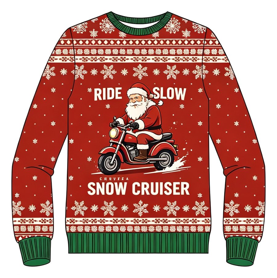 Snow Cruiser Santa knit sweater, front view