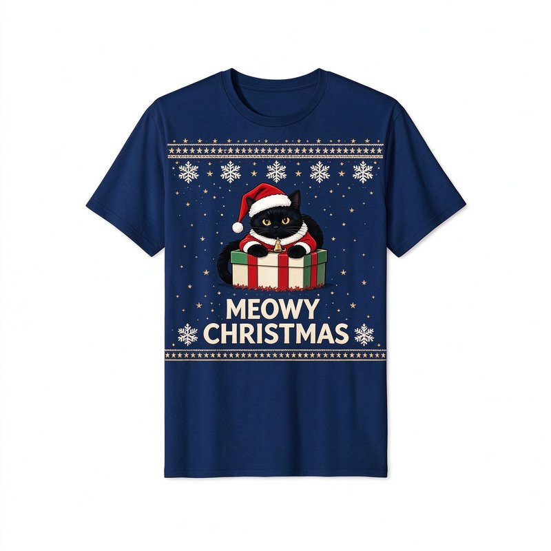 Meowy Christmas Black Cat Tee