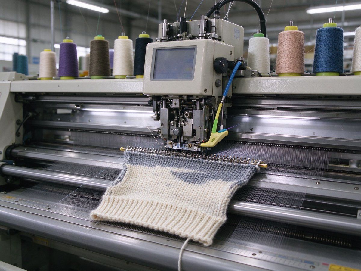 Computer flat knitting machine in operation